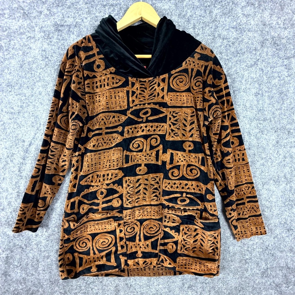 Chacok Velvet Tunic Sweater Womens M/L Black Brown Vintage 90s Artsy Cowl Neck